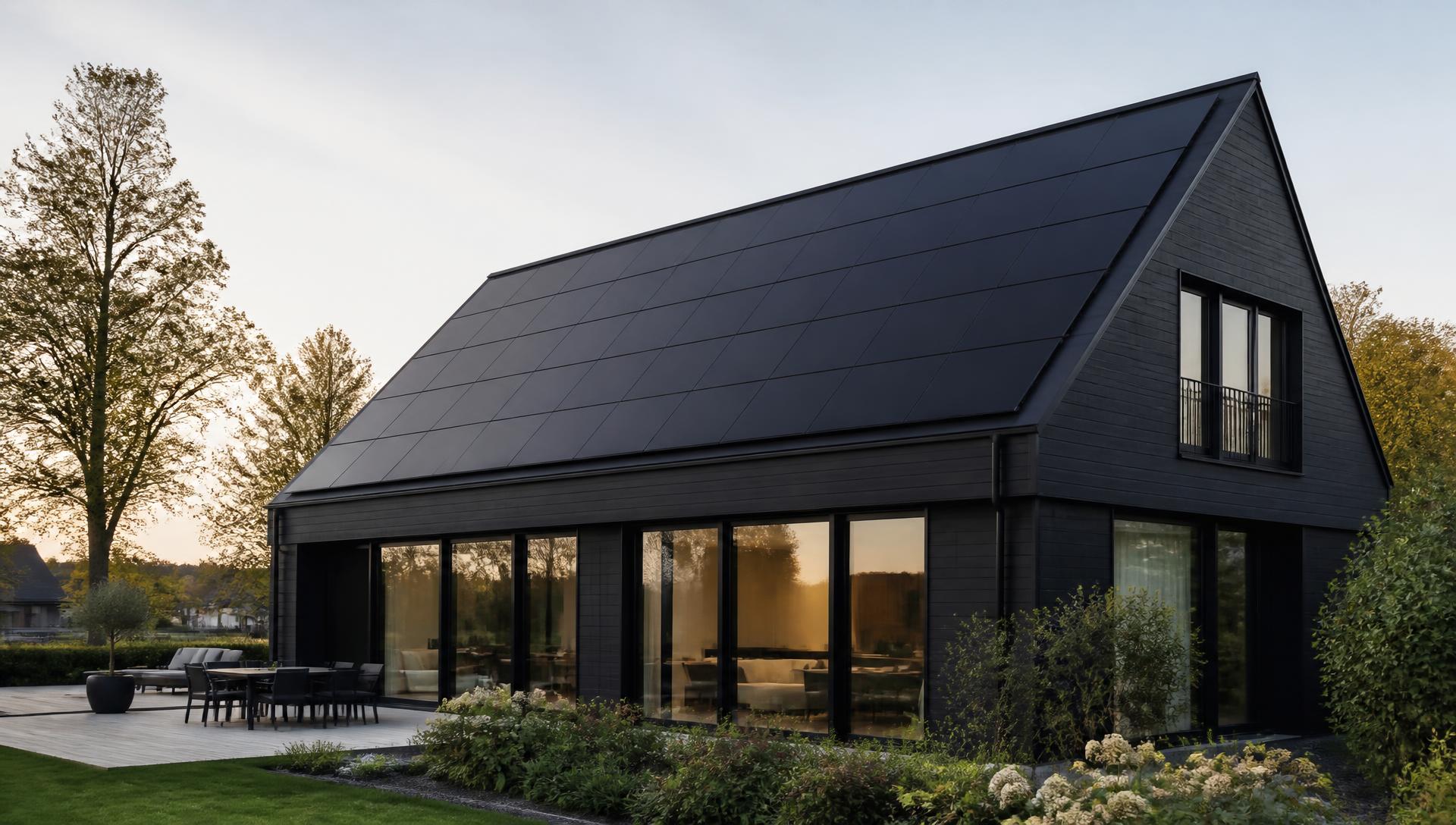 Modernes Wohnhaus mit vollflächig belegter Full-Black-Photovoltaikanlage